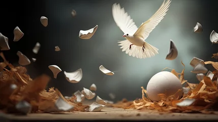 Foto op Plexiglas Using the concept of leaving the nest skills develop and groups become ready for opportunities represented by crumpled paper eggs and a flying origami bird embarking on a new journey © vxnaghiyev