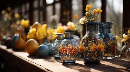 Easter celebration in a Ukrainian village. Traditional painted eggs - pysanky