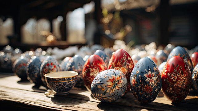 Easter celebration in a Ukrainian village. Traditional painted eggs - pysanky