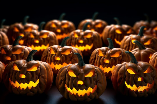 A picture of many halloween pumpkins with glowing faces lined up in a row on a black background, halloween celebrations image