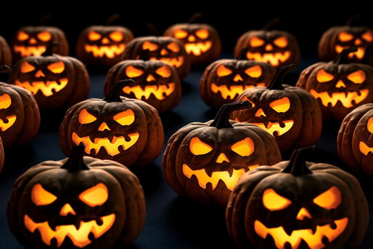 A picture of many halloween pumpkins with glowing faces lined up in a row on a black background, halloween celebrations image