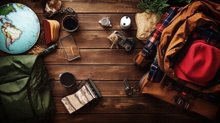 birds eye view of camping equipment on wood surface
