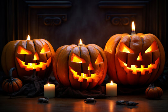 A picture of pumpkins with candles inside them on halloween, halloween celebrations photo