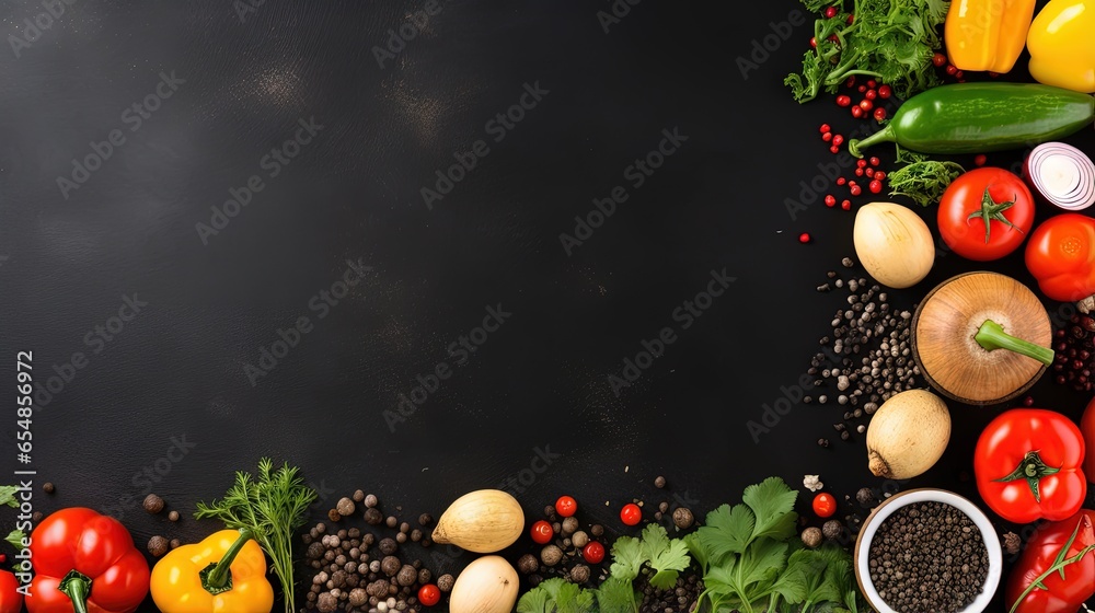 Poster Top down view of a vibrant vegetarian feast table Emphasizing healthy eating choices with room for text Black chalkboard serves as backdrop