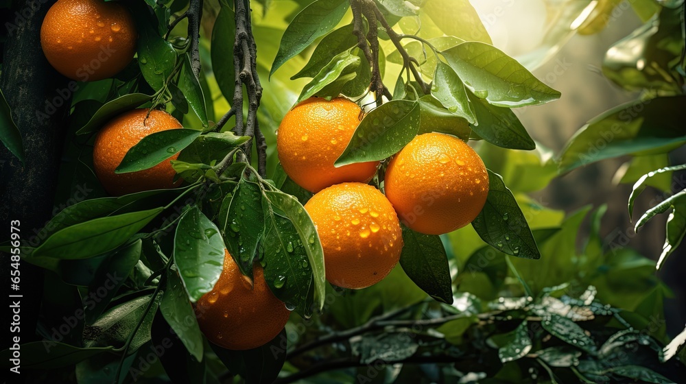 Aufkleber Green leaved tree with oranges on a branch
