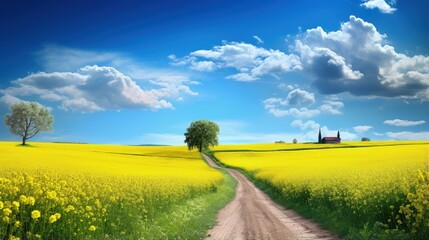 Obraz premium Picturesque nature landscape with yellow fields a road and a stunning valley in bloom