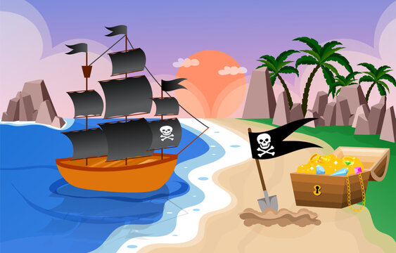 Pirate adventure. A pirate ship near the island with treasure in the chest.