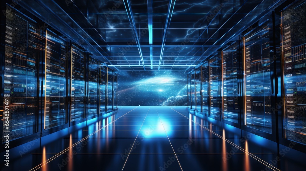 Poster 3D illustration of a data center with working panels and servers for big data solutions and internet connections