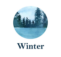 Watercolor winter nature, Christmas trees in the snow, composition in a circle, or in the fog