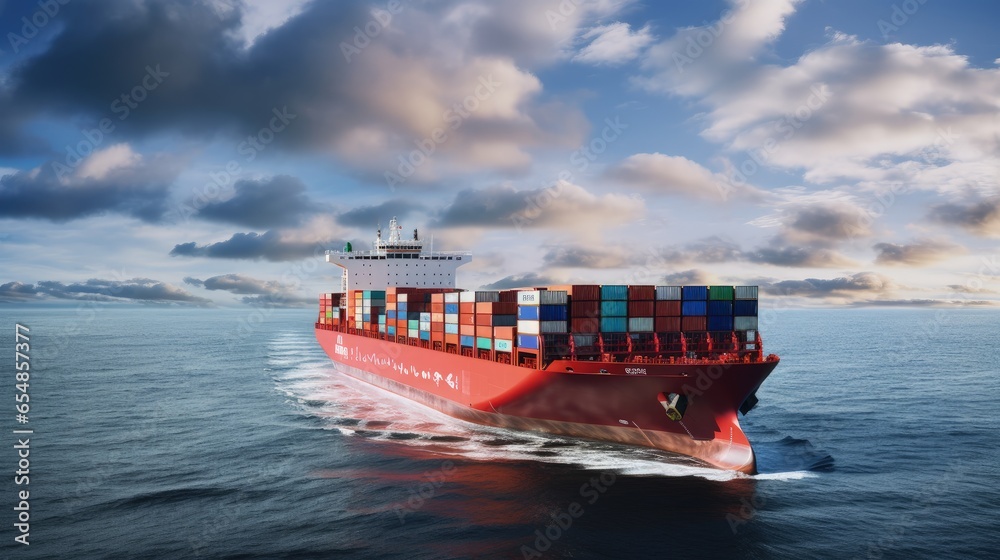 Poster container cargo ship sailing quickly over cloudy ocean in front view
