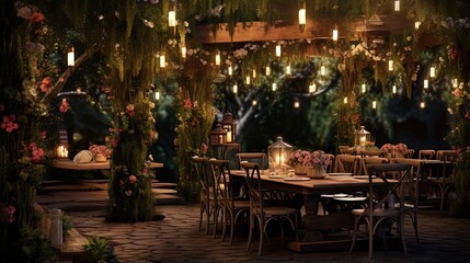 Enchanting garden wedding with rustic tables hanging lights flowers chairs and an open air ceremony
