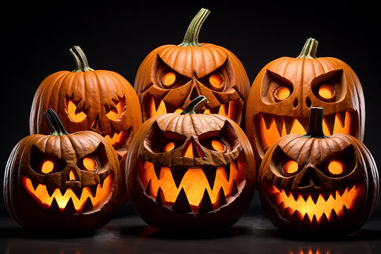 A picture of five halloween pumpkins on a white background, halloween celebrations image