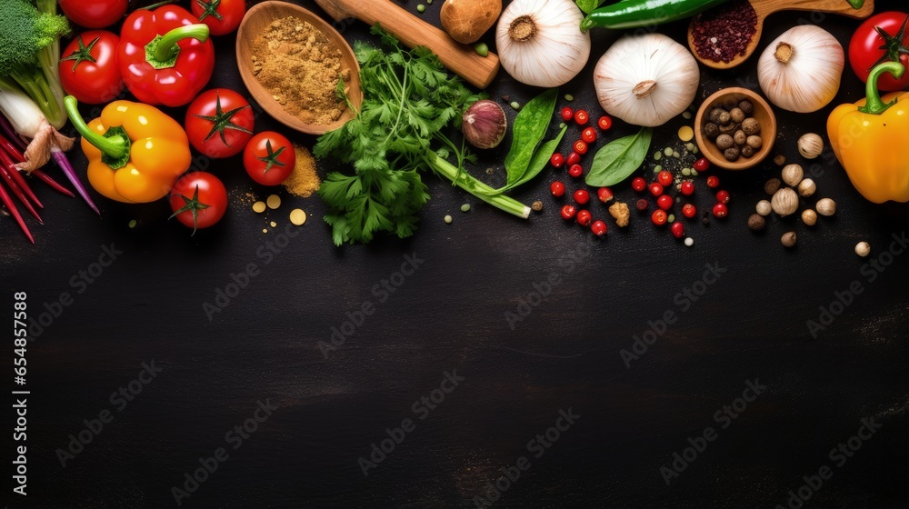 Poster top view of rustic vintage cutting board surrounded by fresh vegetables and ingredients ideal for ve