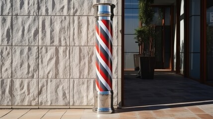 Outdoor barbershop advertisement with traditional stripe pole on concrete wall in city street Salon offering haircuts shaves 3D representation