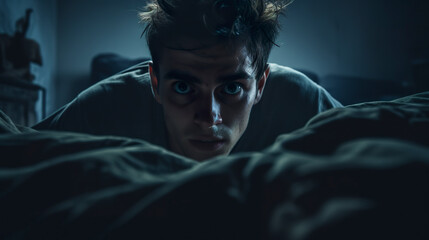 A scared young man on the bed surrounded by the darkness of dawn. Young man with eyes full of fear in anxiety in the night silence. - obrazy, fototapety, plakaty