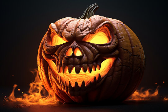 A photo of a single glowing halloween pumpkin with its stem removed on a white background, halloween celebrations image