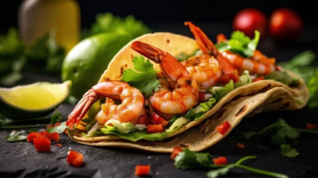 Healthy shrimp and avocado diet tacos on stone background Focused