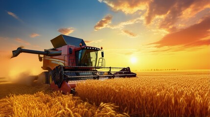 Obraz premium Combine harvester working in the picturesque twilight landscape of a wheat field at dawn and dusk