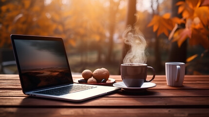 Beautiful young woman sitting on wooden bench in the park, using laptop computer while spending sunny autumn day outdoors. ai generated
