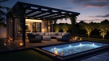 Dusk view of a bioclimatic pergola with a black iron frame glass blades jacuzzi sofa and swimming pool