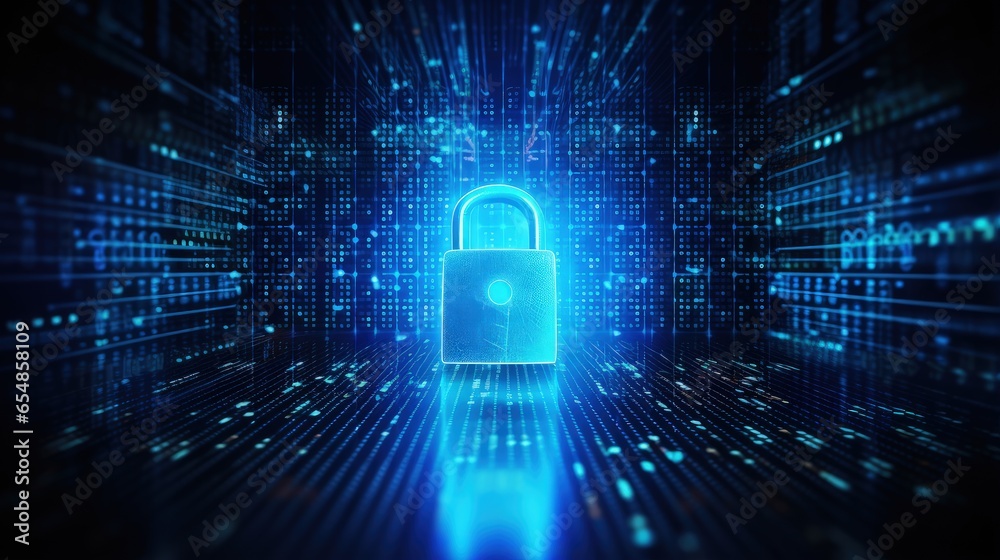 Aufkleber Digital lock protecting binary code against personal data breaches on a blue abstract background