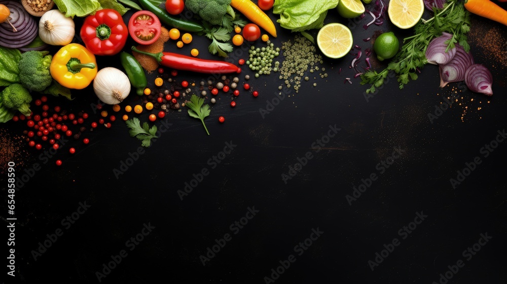 Poster Top down view of a vibrant vegetarian feast table Emphasizing healthy eating choices with room for text Black chalkboard serves as backdrop