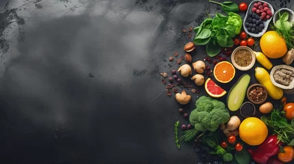 Foto op Plexiglas Healthy food choices include fruits seeds cereals superfoods vegetables and leafy greens against a stone background Ideal for human consumption © vxnaghiyev