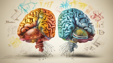 Illustration of brain function including hemispheres and creativity symbols - obrazy, fototapety, plakaty