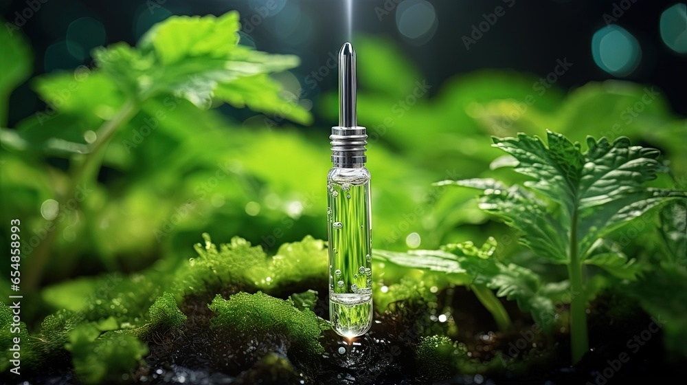 Poster using a pipette extract serum or oil onto green leaves with water drops in the backdrop emphasizing 