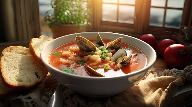 Close up of a tomato clam chowder soup with shellfish and bacon in a bowl on the table