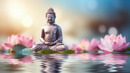 Buddha statue on lotus in water with blue bokeh background