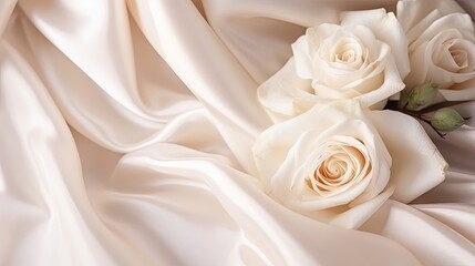 White silk fabric with a rose bouquet and wedding ring creating an abstract texture background