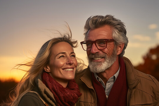 A picture of a nice couple from the united states in the fall when the sun is setting, happy thanksgiving image