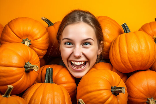 Picture of a young woman holding pumpkins on an orange background, happy thanksgiving image