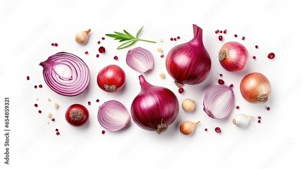 Poster top view of red onions garlic and spices arranged diagonally on a white background