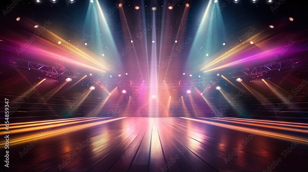Poster blurred empty theater stage with fun colourful spotlights abstract image of concert lighting illumination background