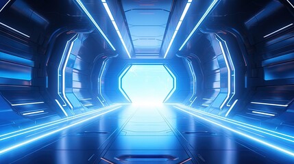 Blue 3D rendered corridor in a futuristic spaceship s sci fi space interior