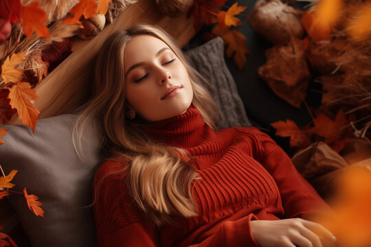 A picture of a young woman relaxing at home on a fall day, happy thanksgiving photo