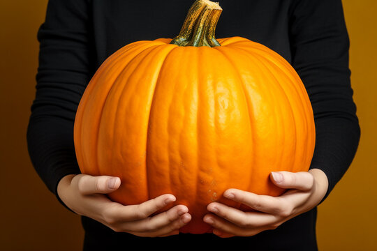 A picture of a woman holding a bright orange pumpkin, happy thanksgiving image