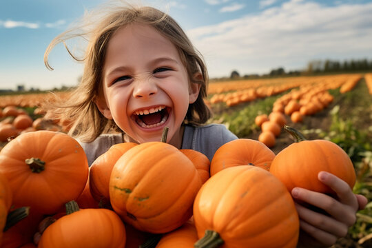 Picture of a happy little girl with orange pumpkins in a field outside, happy thanksgiving image