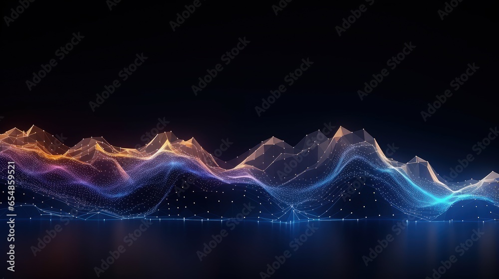 Poster AI technology and 3D illustrated music waves are utilized for digital communication and scientific research in the flow of big data through blockchain data fields connected via network lines