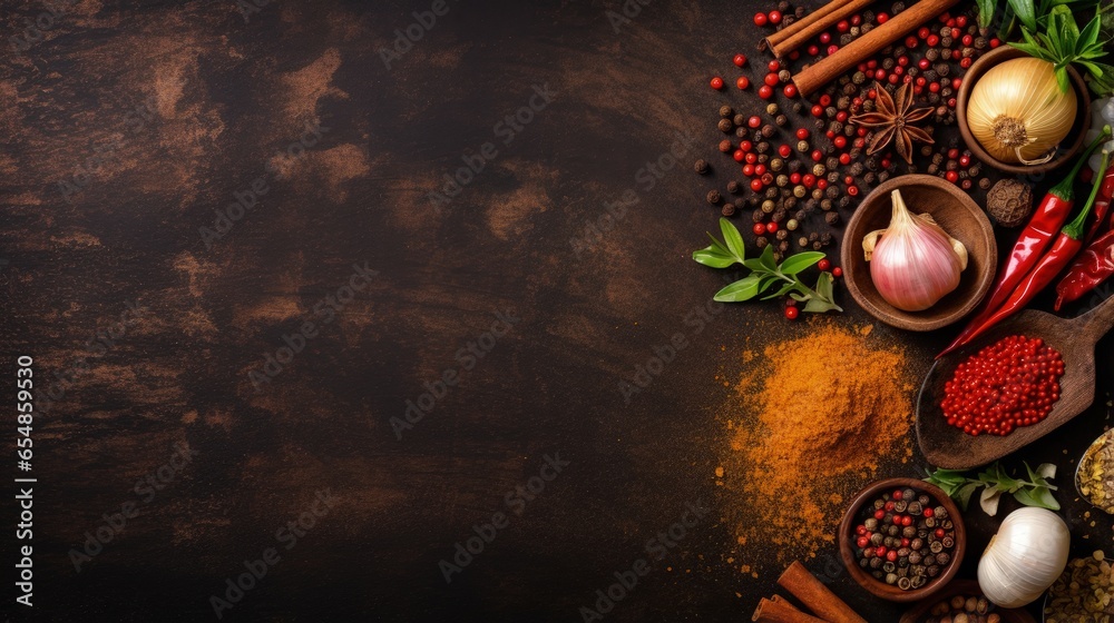 Leinwandbilder food related items and space for text in a rustic style top down view