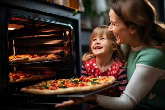 A smiling photo shows a family using an oven with a woman and a cute little girl, happy thanksgiving image
