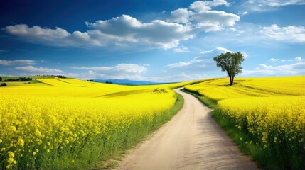 Picturesque nature landscape with yellow fields a road and a stunning valley in bloom