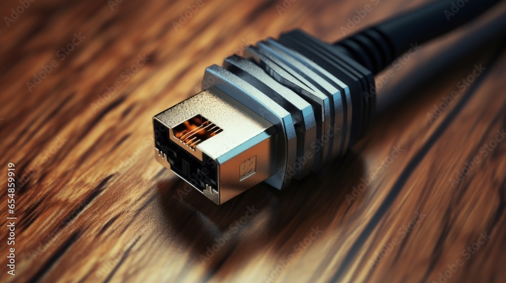 Poster close up macro view of an rj45 network cable connector with a wooden background