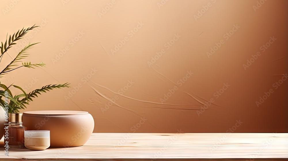 Poster presentation mock up for branding products with cosmetics food and jewellery empty table against a b