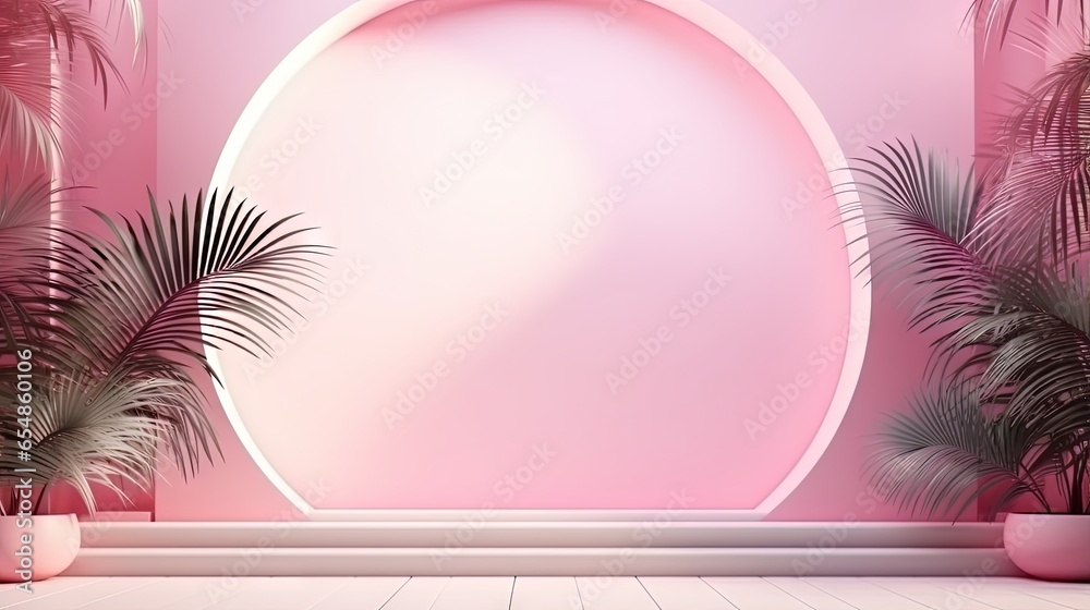 Leinwandbilder pink gradient backdrop with shadows of window flowers and palm leaves perfect for product presentati