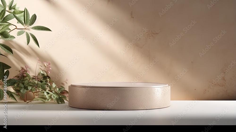 Poster neutral colored surface with curved counter textured podium soft sunlight and shadow rock for cosmet