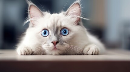 Blue eyed white ragdoll cat appearing angry and surprised on the table