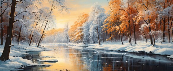 piękny widok lasu i rzeki w zimie - obrazy, fototapety, plakaty